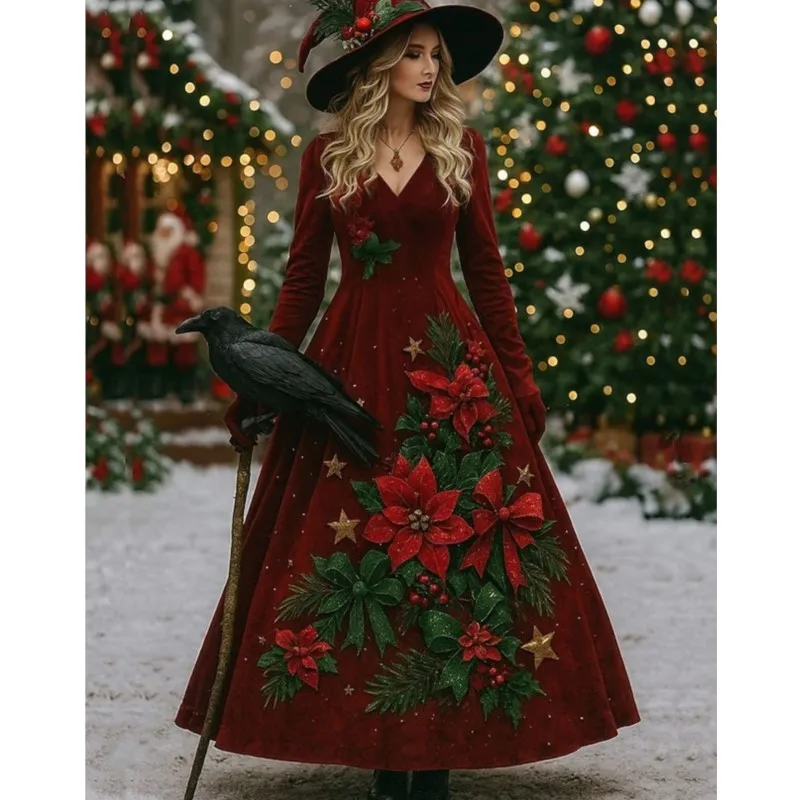 Women's Dress New 3D Digital Printing Long Sleeve Dress Christmas Series V Neck Elegant Maxi Vintage Fashion Dresses For Women