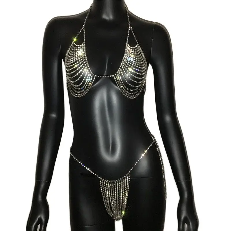 Shiny Rhinestones Bikini Set Women Sexy Halter Bra Thong Panty Outfits Summer Beach Bathing Suit Body Chain Crystal Swimsuit