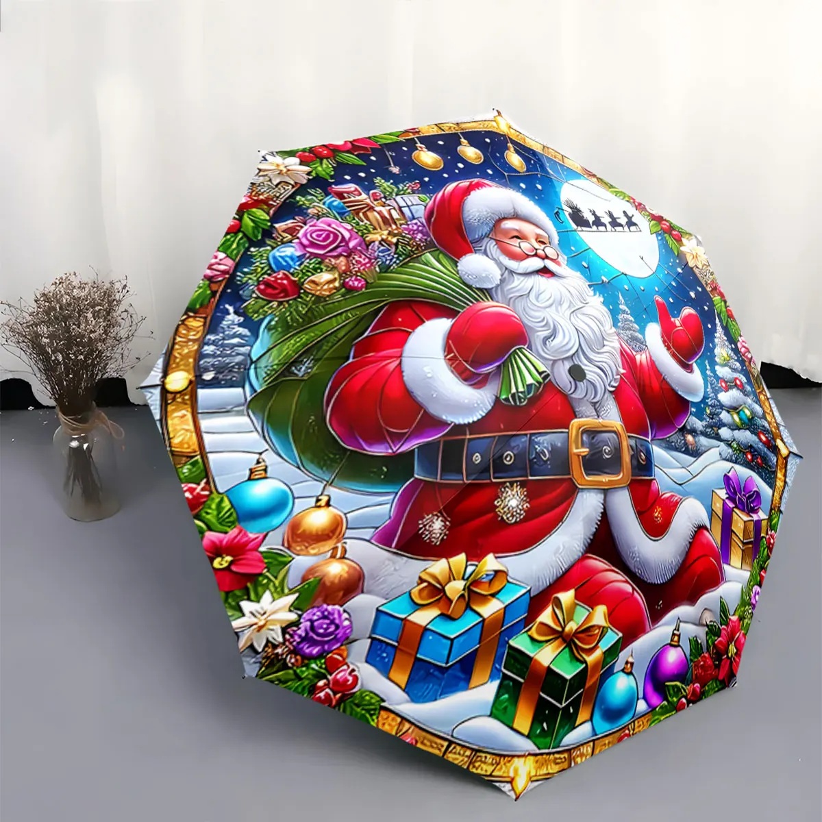 Colorful Christmas Santa Claus with Gifts and Snow Scene portable waterproof sun rain umbrella for outdoor travel beach