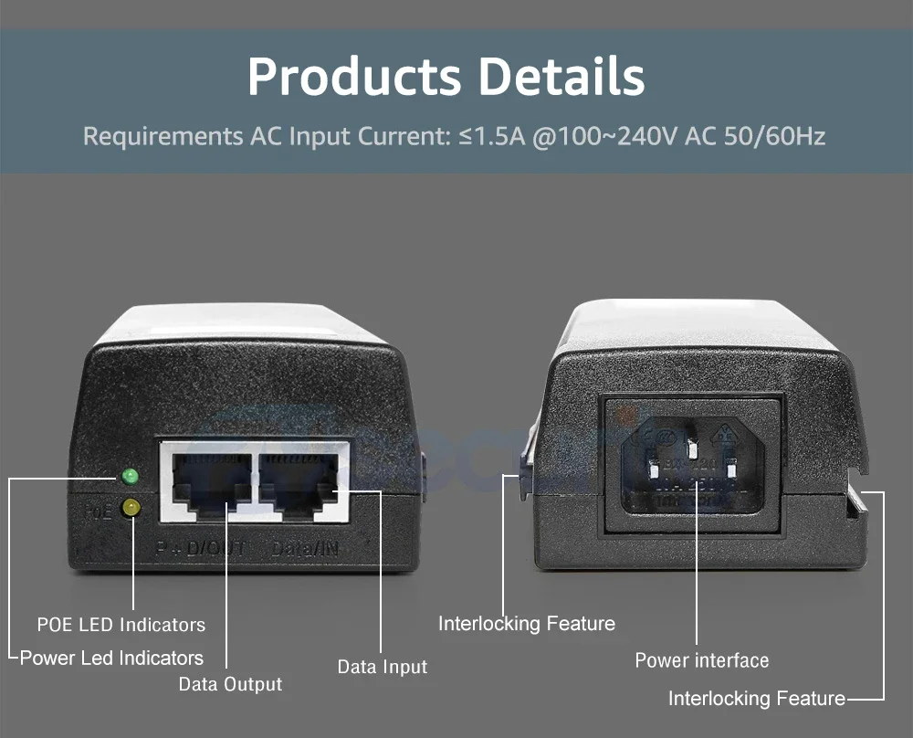 Imagem -04 - Injetor Poe de Alta Potência para Câmera ip Ptz Cctv 1000mbps Gigabit 90w Saída dc 54v Entrada 100240v Pares Padrão