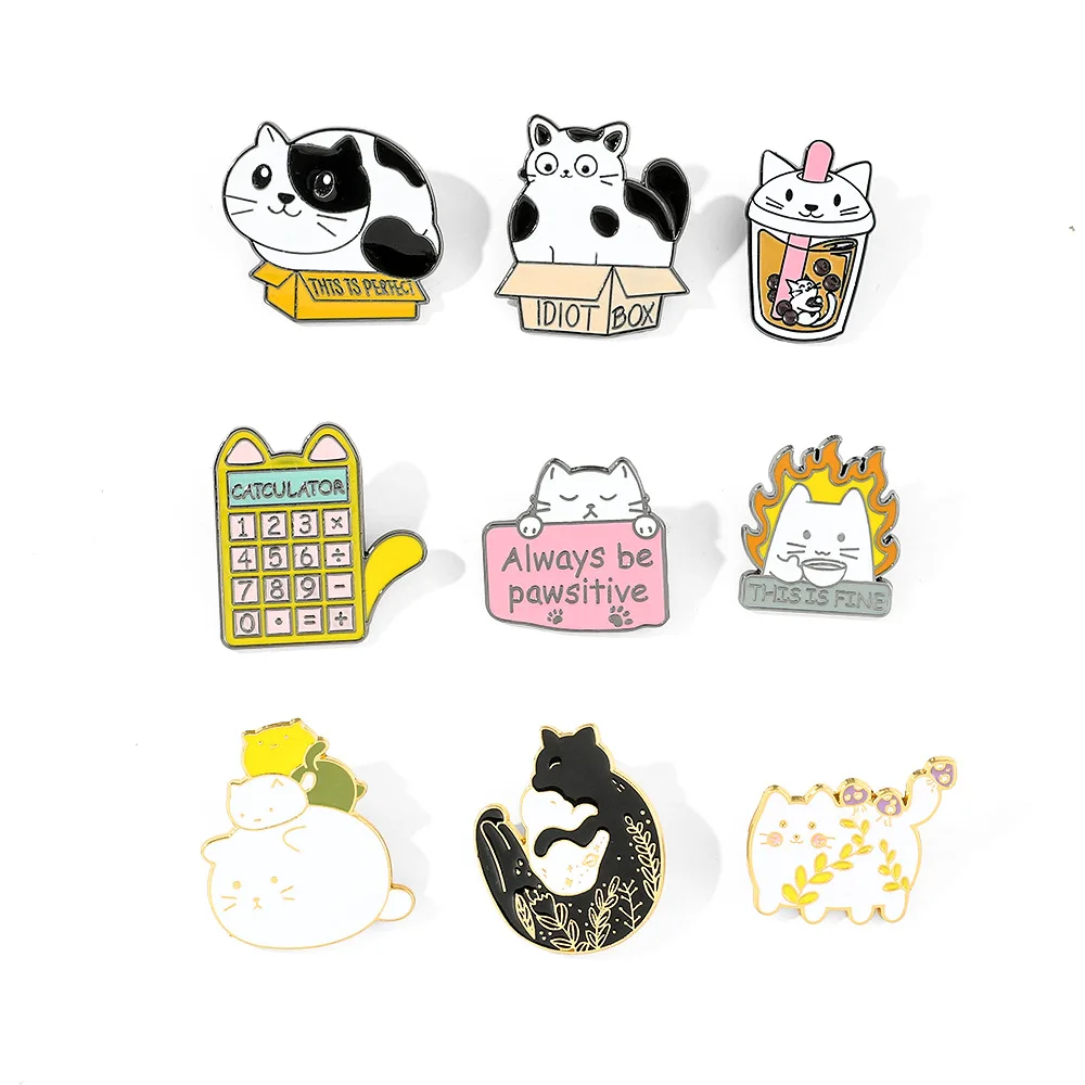 

1 Set Cross Border New Cute Cat Series Metal Badge Cartoon Black and White Cat Alloy Baking Paint Brooch Wholesale Accessories