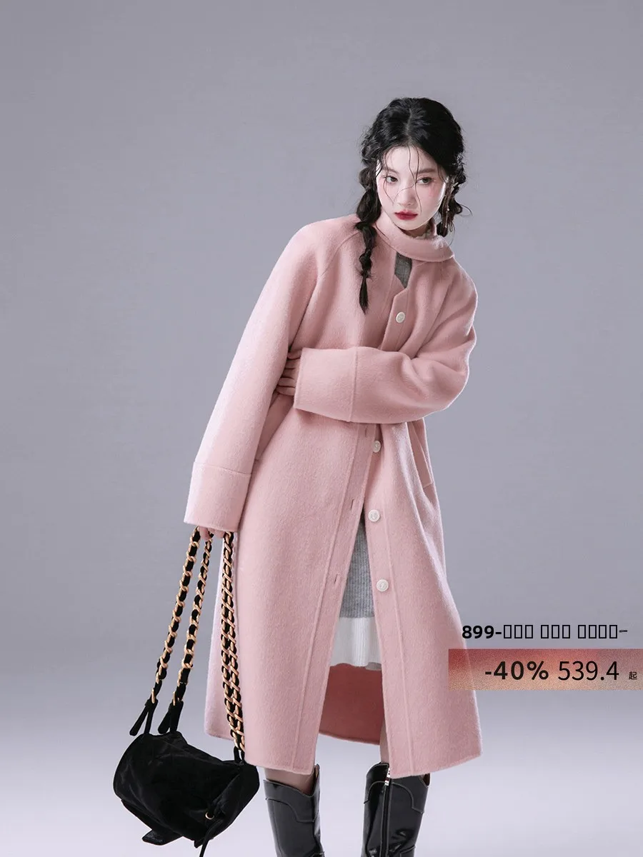 

COTRE Double-Faced Woolen Orange And Peach Pink Tfeta Coat with Bow Tie Stand Collar Thi Winter Outerwear for Young Women