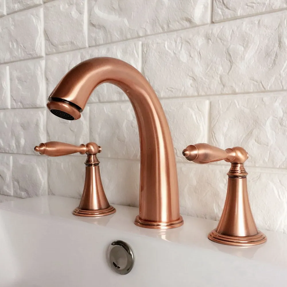 

Antique Red Copper Double Handle Deck-Mount Three Hole Widespread Bathroom Lavatory Bathtub Basin Faucet Sink Mixer Tap drg036