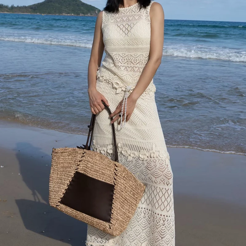 Raffia-Stroh Gewebte Leder-Patchwork-Tragetasche, Damen Große Kapazität Sommer Strand Urlaub Schultertasche, Reise-Pendler-Handtasche – Detail 7