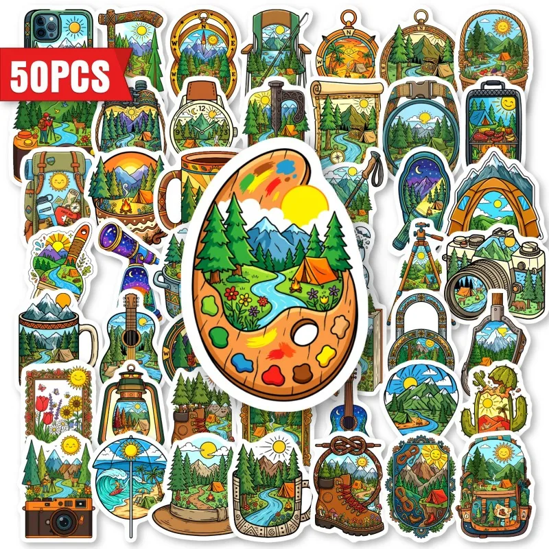 50pcsOutdoor Camping Hiking Adventure Stickers Mountain Forest Tent Backpack Camera Guitar Nature  Journal DIY Decor Stickers
