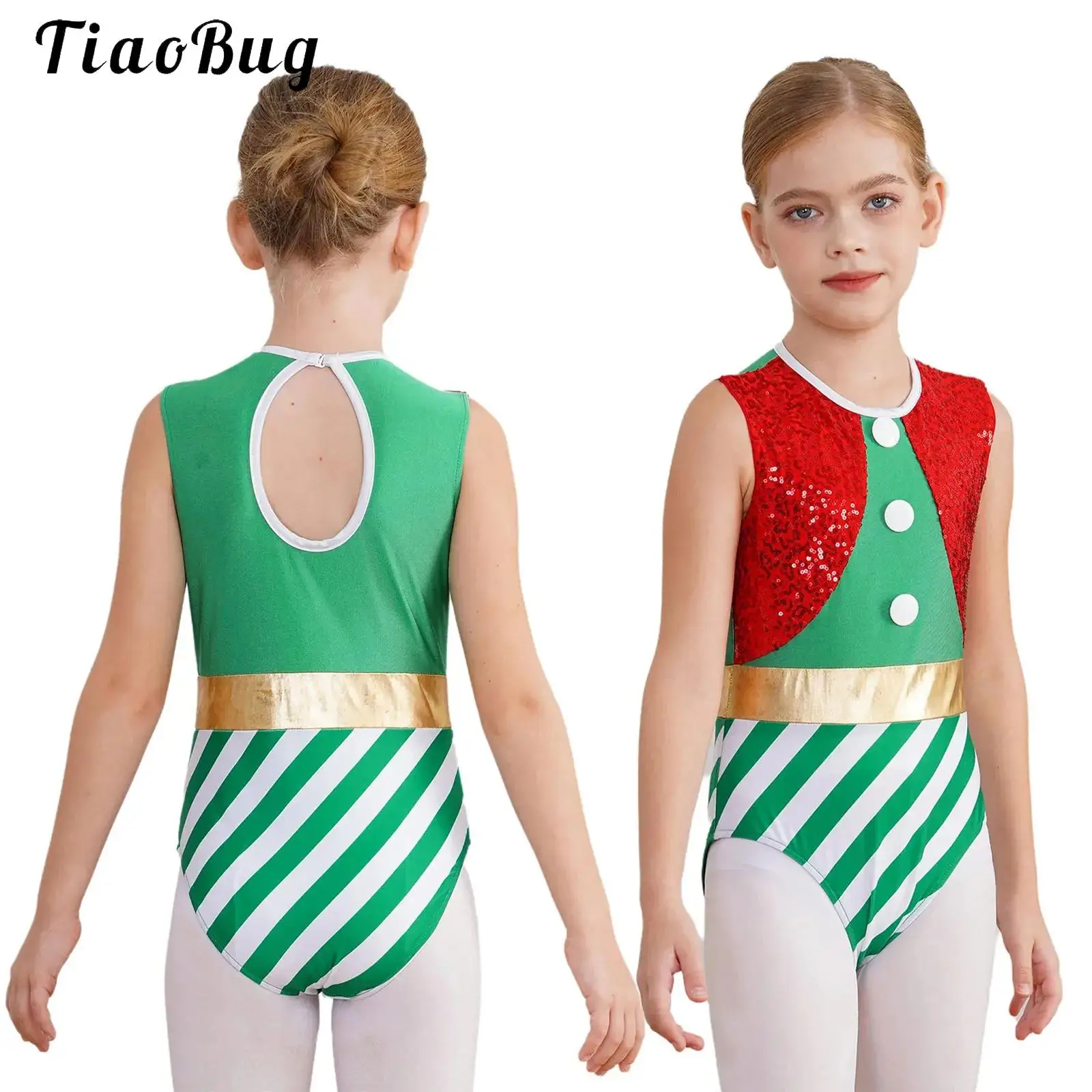 

Kids Girls Christmas Gymnastics Figure Skating Leotard Candy Cane Ballet Dance Costume Sleeveless Stripe Sequin Unitard Bodysuit