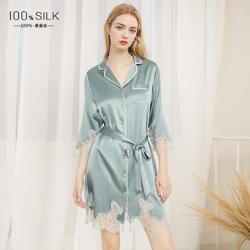 19 Momme 100% Mulberry Silk Nightdress Sleepshirt Summer Lace Trim Lapel Nightshirt Button Up Nightgown Pajama Dress Loungewear