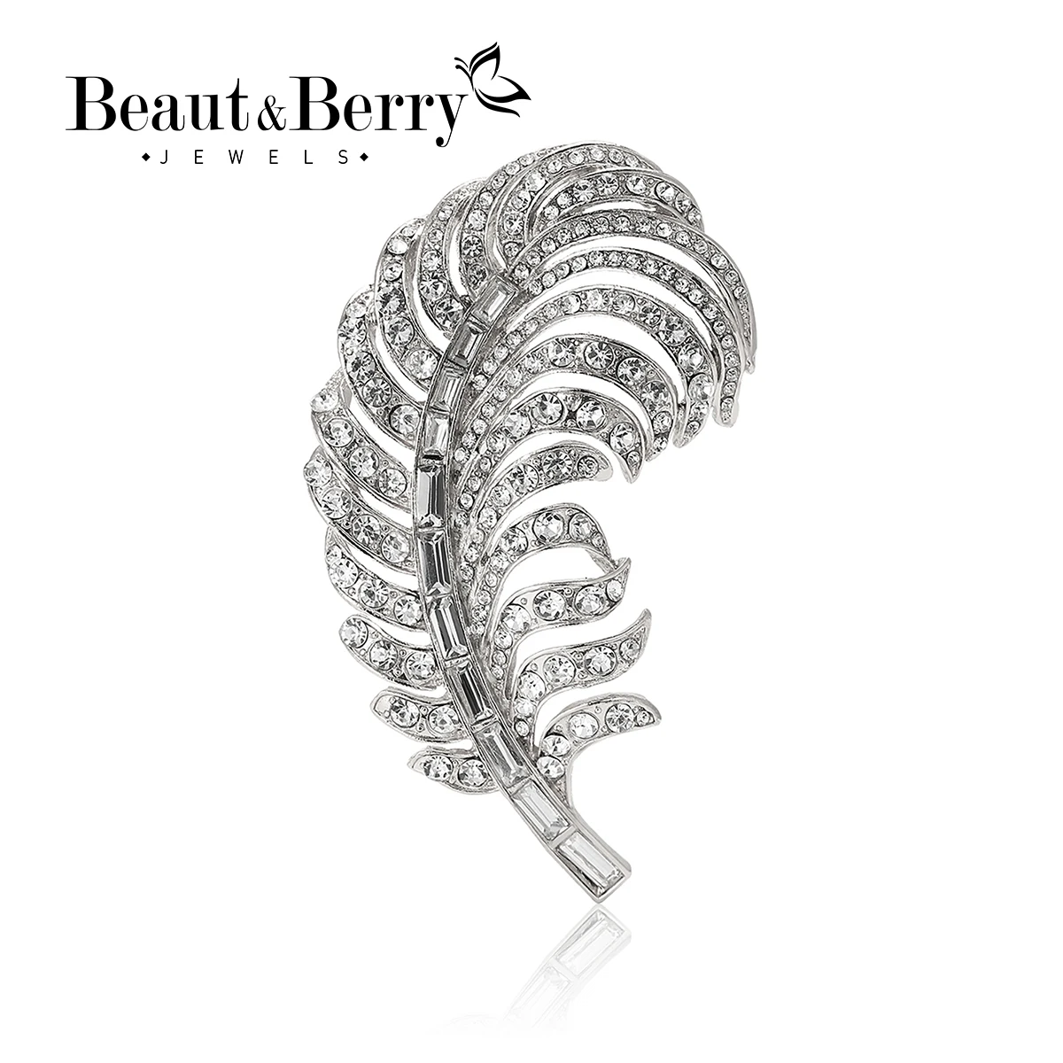 Beaut&Berry Beautiful Rhinestone Large Feather Brooches for Women Dress Pins Friends Party Gifts Banquet Jewellery Accessories