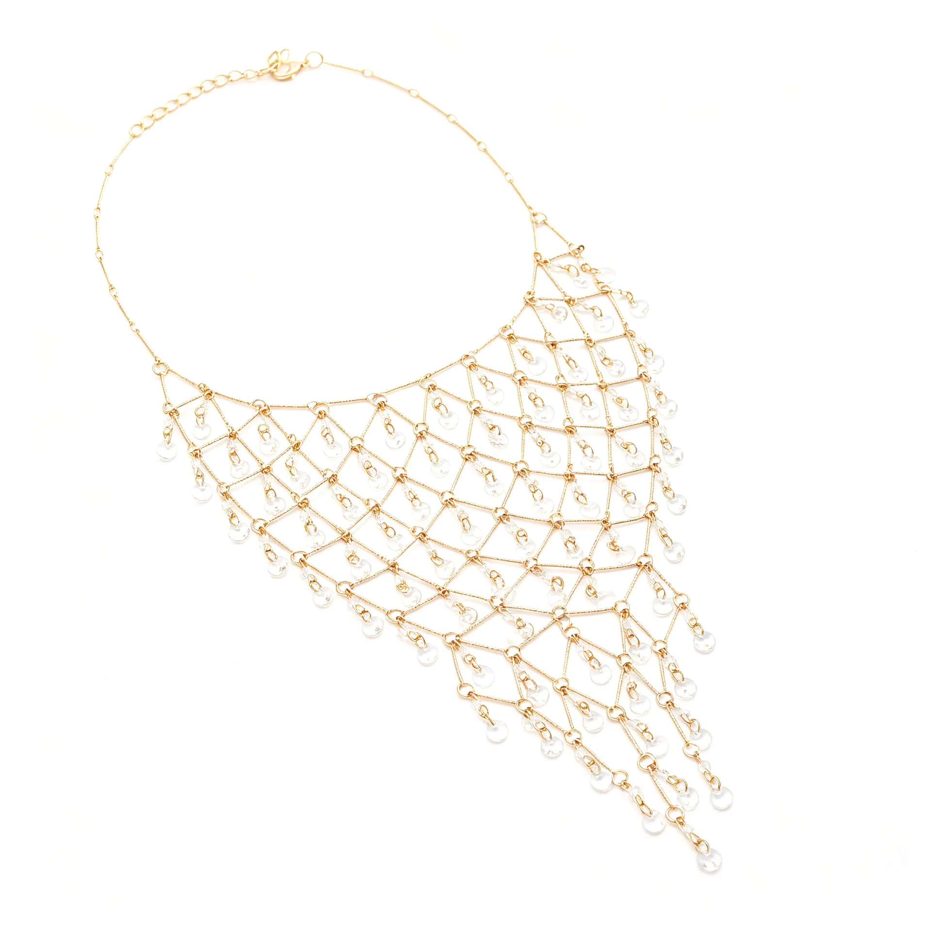 Luxuriöse Gold-Netz-Halskette mit klaren Kristallen und Quasten für Damen, Statement-Halskette, Hochzeits- und Abendparty-Accessoires – Detail 5