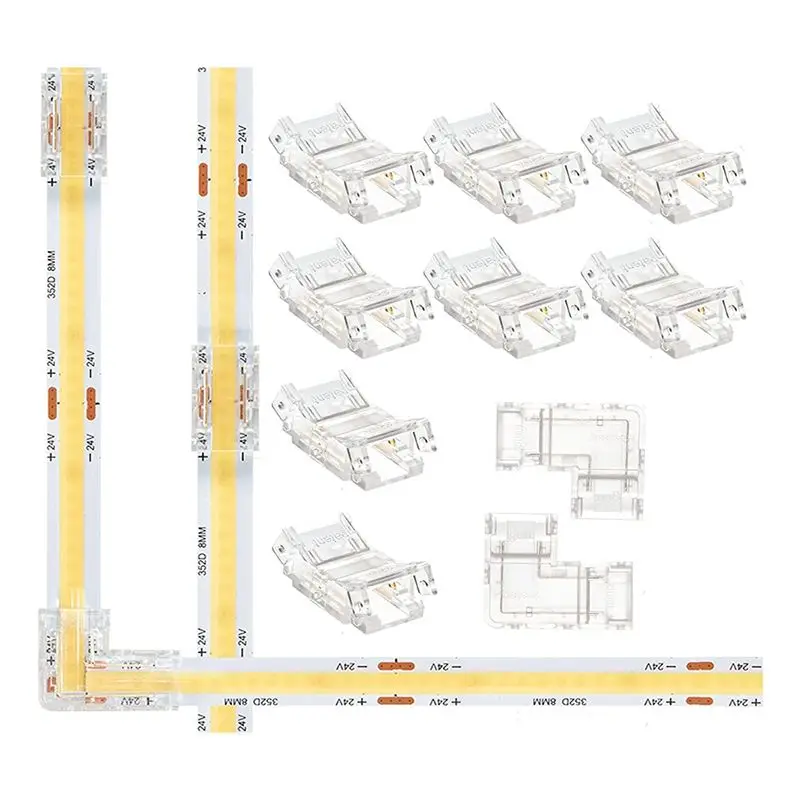 AA63 HOT Gapless 8Mm 2 Pin COB LED Strip Connector 8 Pack And L Shape 2 Pin 8Mm Cob LED Corner 2 Pack Part For 8Mm Cob LED Strip