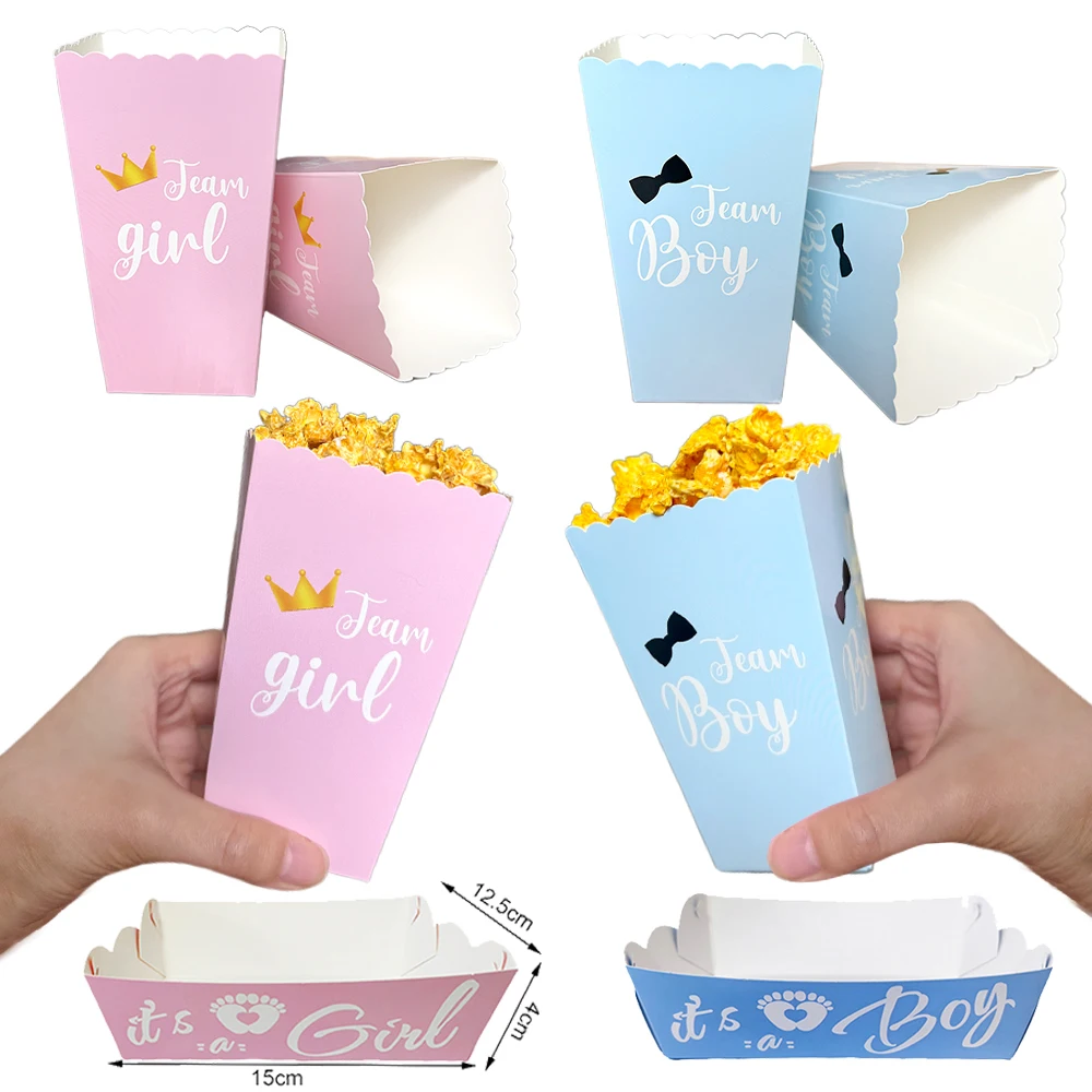6/12/24 Rosa Blaue Junge-Mädchen Popcorn-Papierboxen, Geschlechtsenthüllungs-Süßigkeitenbecher, Tablett, Babyparty, Geschlechtsenthüllungs-Party-Deko-Zubehör