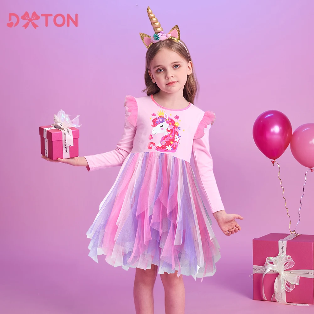 

DXTON New Princess Dress Autumn Girls Long-sleeved Dress Irregular Mesh Kids Dresses Unicorn Floral Children's Party Clothing
