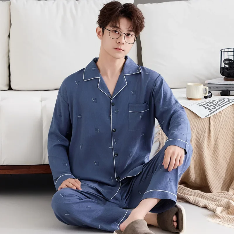 New Plus-Size Loose Men's Pajamas For Autumn And Winter, Cloud Cotton Long Sleeve And Pants, Casual Homewear Fashion Set