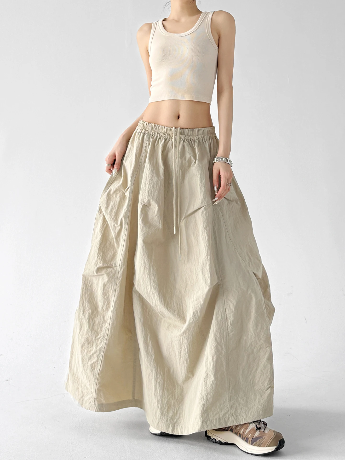 High Waist A-Line Midi Skirt Women's Khaki Lightweight Floor-Length Split Summer New Style Casual Elegant Skirts