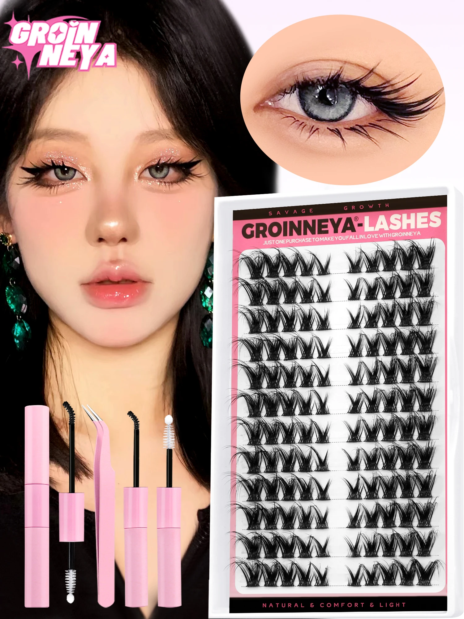 GROINNEYA Cat Eyelashes Clusters Kit Winged End Eye Elongated DIY Lash Extension Kit Lash Bond & Seal & Eyelash Tweezers Fox Eye