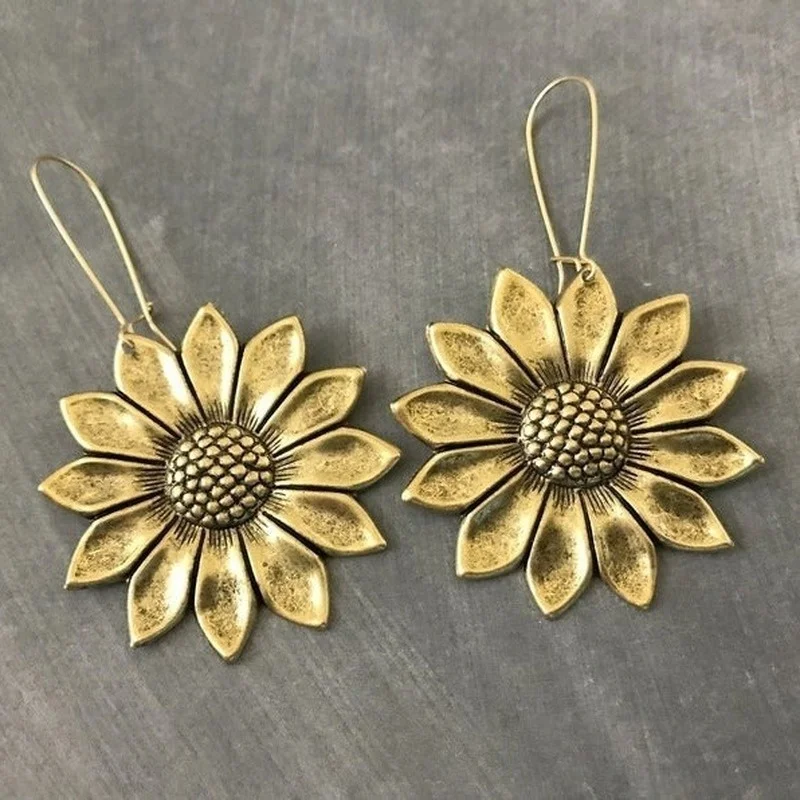 Luxury Gold Color Sunflower Earrings Large Sunflower Boho Floral Inspiration Statement Earrings Woodland Wedding Hippie Jewelry