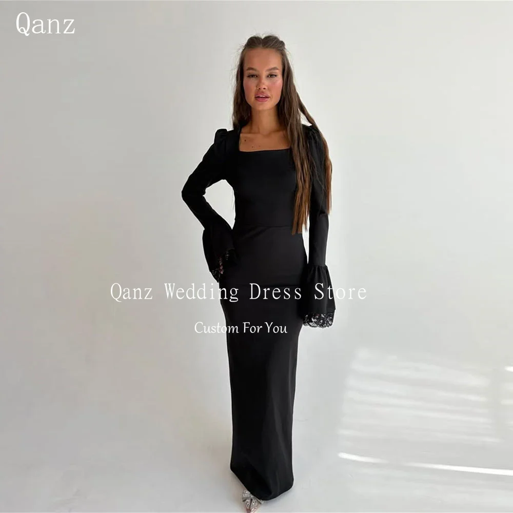

Qanz Modest Black Satin Evening Dresses Long Sleeves Lace Square Neck Vestidos De Fiesta Mermaid Women Robe De Soirée Customized