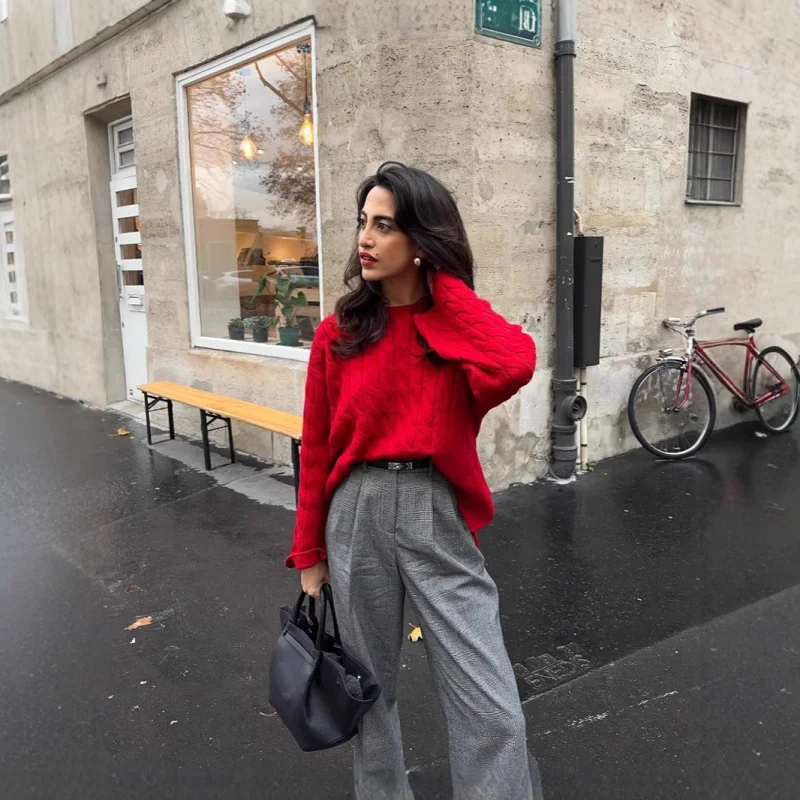 

European and American New Women's Clothes Loose Red American Retro Sweater All-Matching Pullover Mid-Length Sweater