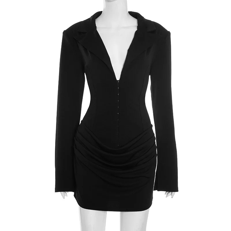 Terno feminino blazer com cachecol sexy cor sólida profundo v manga cheia formal senhora do escritório mini festa formal casaco de noite