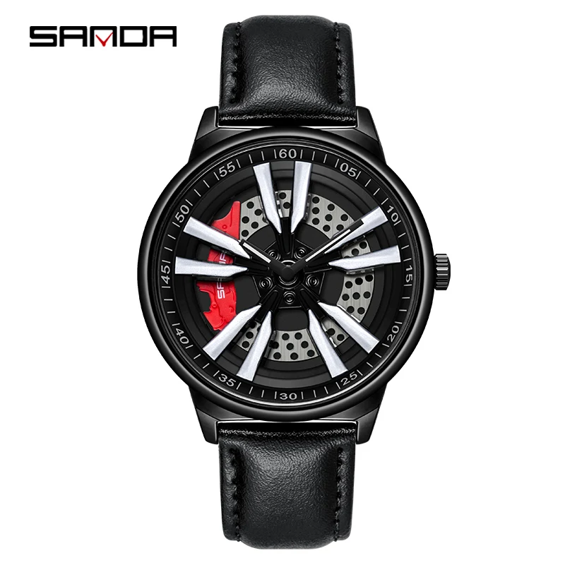 SANDA-reloj deportivo de cuarzo para hombre, cronógrafo con correa de cuero, cubo de rueda de coche, estilo militar, nuevo diseño, P1111