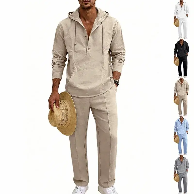 

Мужской льняной комплект: свободные брюки и худи с длинным рукавом для отдыха, комфортный повседневный наряд на все сезоны, молодежный осенний комплект с длинными брюками