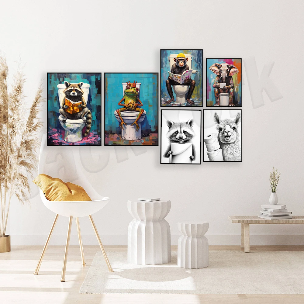 Frog on toilet, black cat, monkey, elephant funny bathroom poster, camel, raccoon with toilet paper roll, toilet decoration