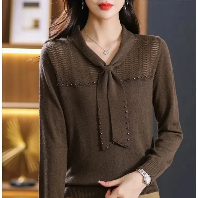 Simplicity Office Lady Autumn Sweaters Pullovers Women\'s V-Neck Solid Bow Embroidered Flares Fashion Long Sleeve Knitted Tops