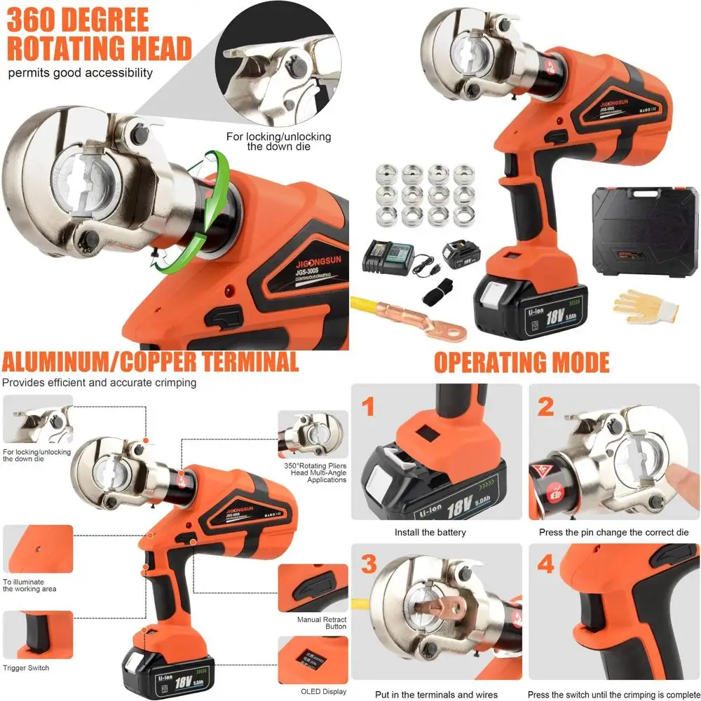 

Portable Rechargeable Battery Cable Crimper Tool, 12 Ton Capacity, 8AWG-60012 Dies Included