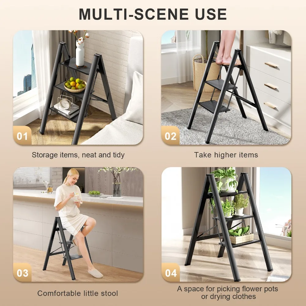 Ladnamy 3 Step Ladder Folding Ladder Stool Portable Storage Rack Lightweight Aluminum Wide Anti Slip Pedal Multifunctional Tools