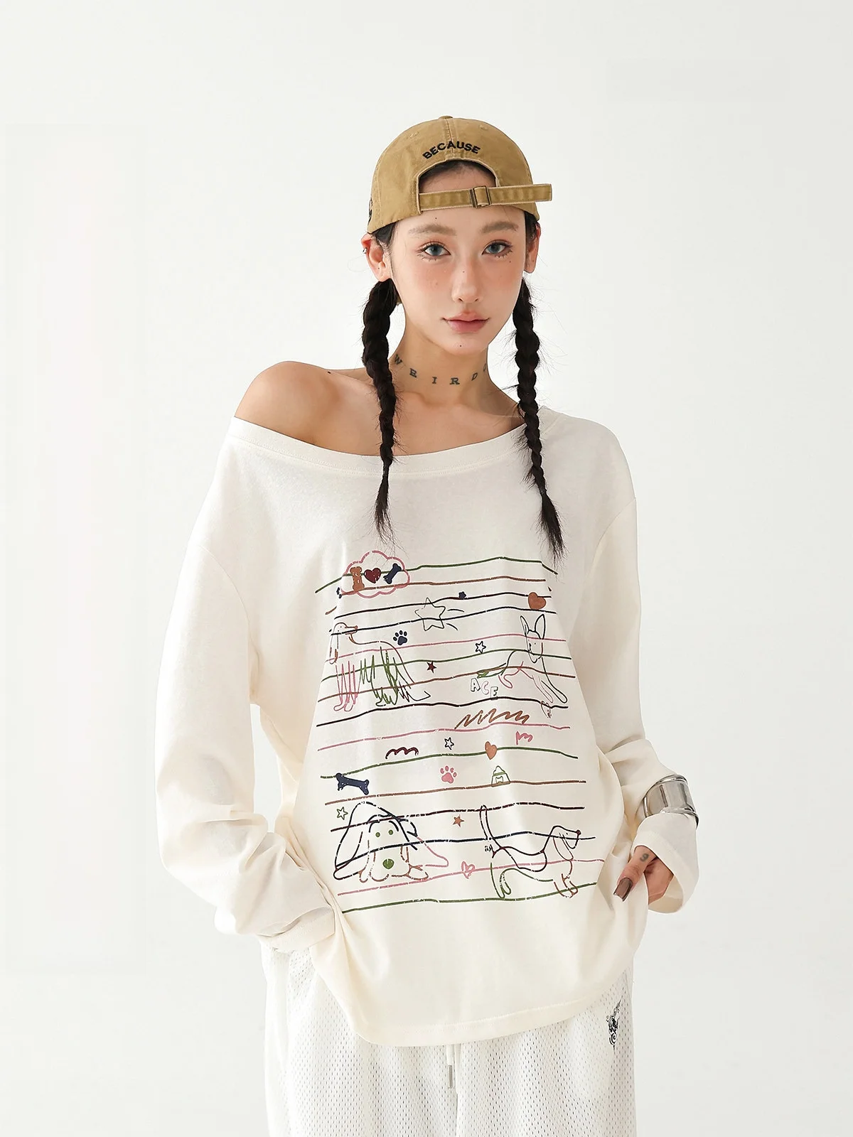 

AceStudios Sweet Sle Dog Print Long Sve oulder T-irt Women's Loose Sunade Cover up Cotton Commute Sle