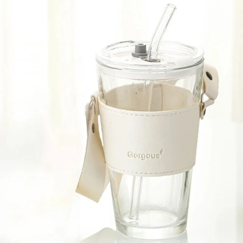 450ML High Beauty Wind Bamboo Glass Cup Summer Straw Large Capacity Women\'s Straw Cup