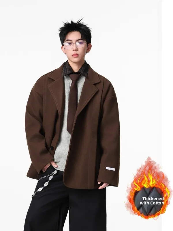 

Retro American Fce Lined Thiened Men's Suit Jaet Winter High Street Trendy Brand Jaet Upper High Quali Wool Coat