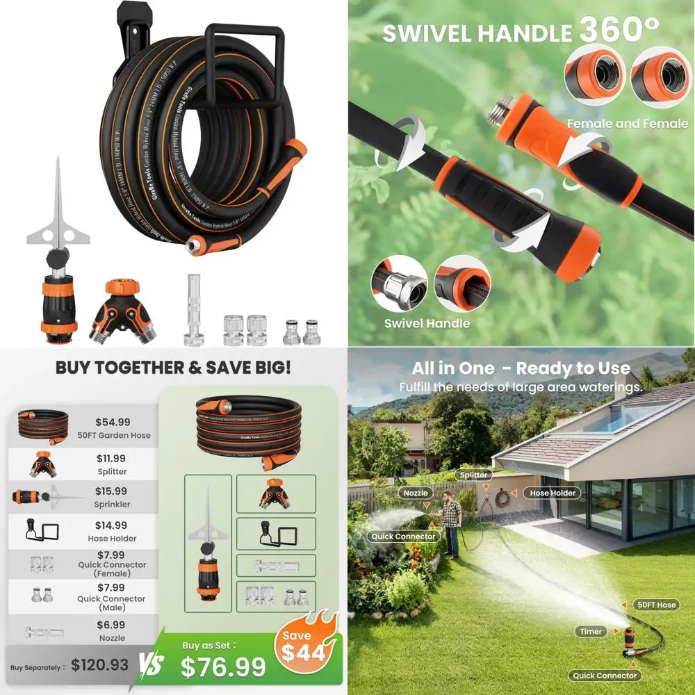 

Садовый шланг Giraffe Tools 50 футов x 5/8, сверхмощный, гибкий, с разделителем шланга, насадкой и разбрызгивателем для двора, легкий вес