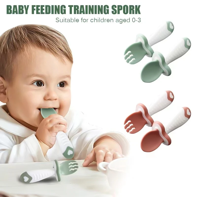 Baby silicone feeding fork and spoon set, children\'s eating training short handle spoon, no burrs, easy to clean Candy colours