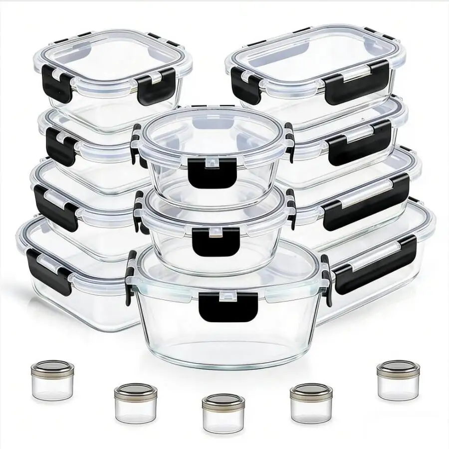 TAIMASI 34 Pcs Borosilicate Glass Storage Containers With Lids | 12 Airtight/Freezer Safely Food Storage Containers For Pantry A