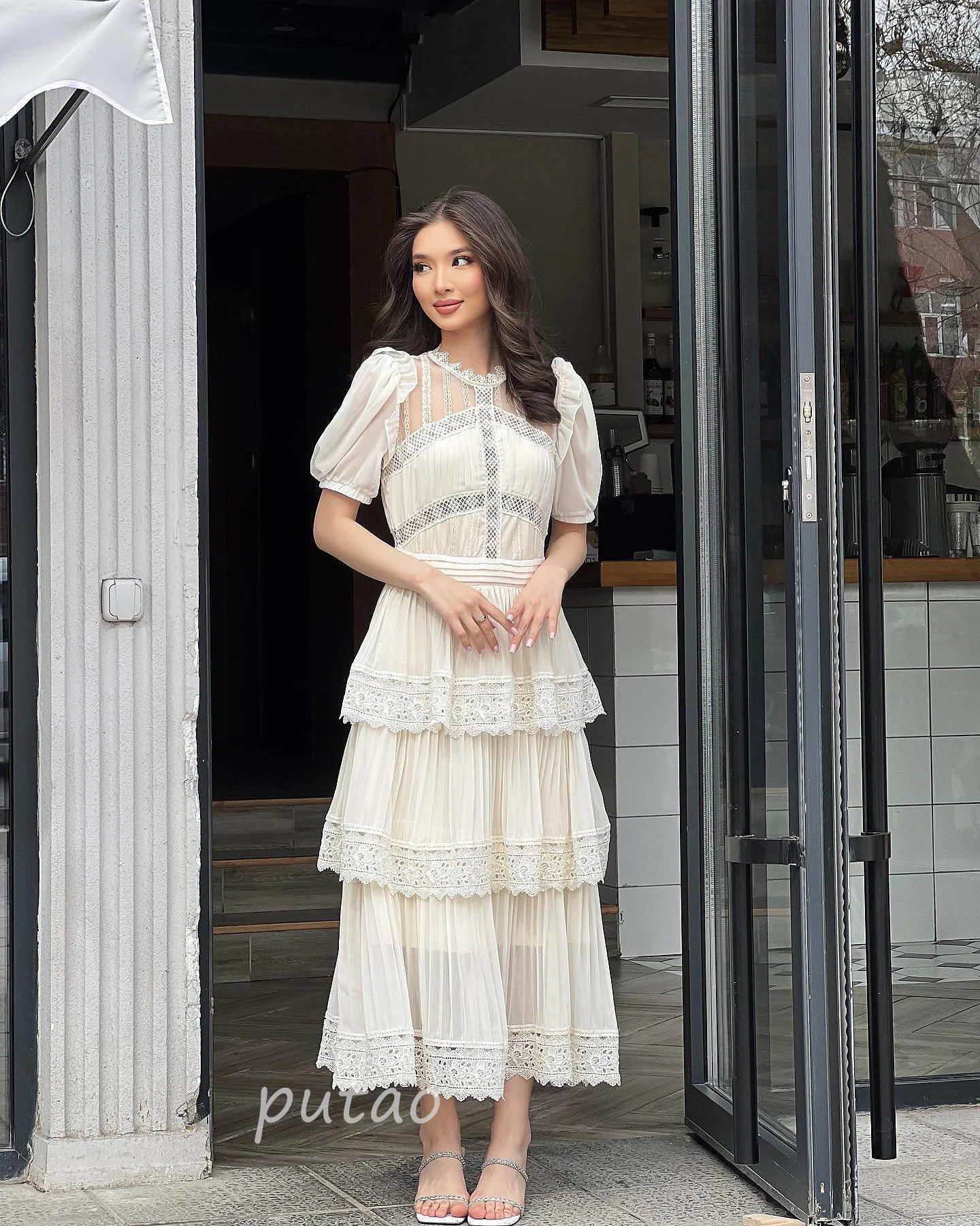 

Putao Lace Prom Dresses Tired Ankle Length Long Sleeve Ruffled Illusion Prom Dress Saudi Arabia Women Wear Prom Dresses 2024