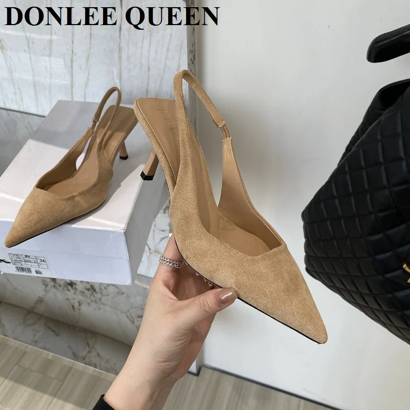 Fashion Thin High Heels Slingback Sandals Women Slip On Mules Pointed Toe Shallow Pumps Suede Female Shoes Brand Sandalias Mujer