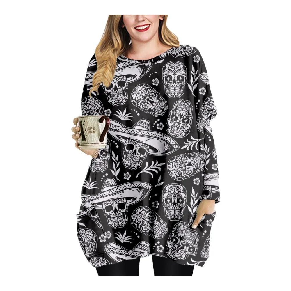 Vestido de manga larga con cuello redondo para mujer, ropa informal holgada con estampado de calavera y flores, camiseta con doble bolsillo, novedad