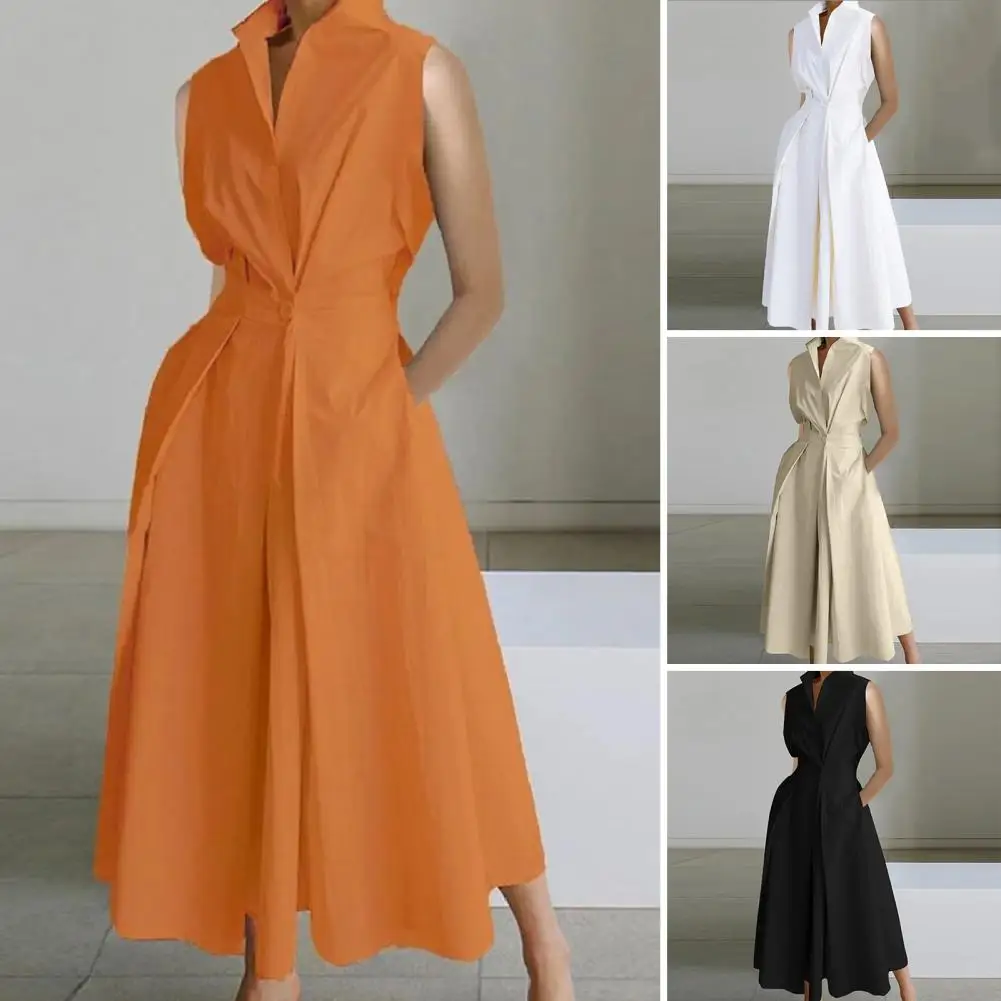 

Waist-cinching Long Dress Elegant Midi Dress with Lapel Button Detail Flattering A-line Silhouette Functional Pockets for Women