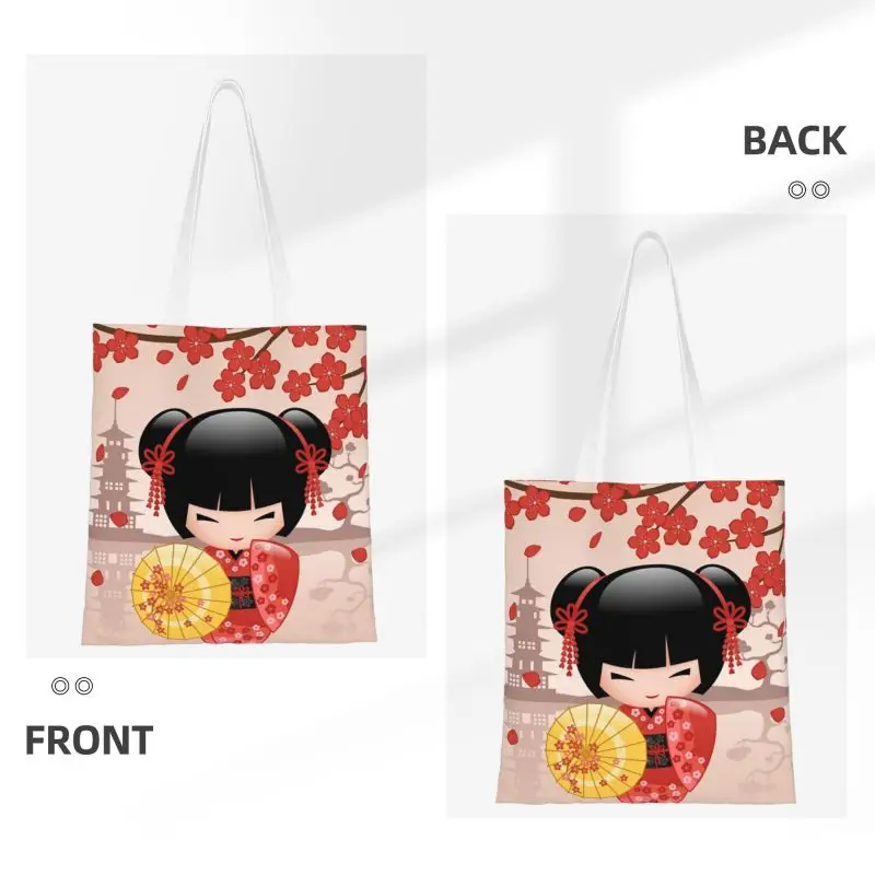 Custom Japanese Red Sakura Kokeshi Doll Grocery Shopping Bags Canvas Shopper Tote Shoulder Bag Girly Cherry Blossom Handbag