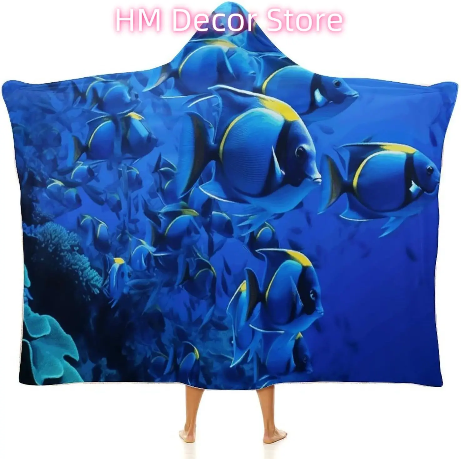 Blue Fishes Wearable Hooded Blanket, Ultra Soft Arctic Velvet Cape Cloak Unisex - Cozy Wearable Blanket