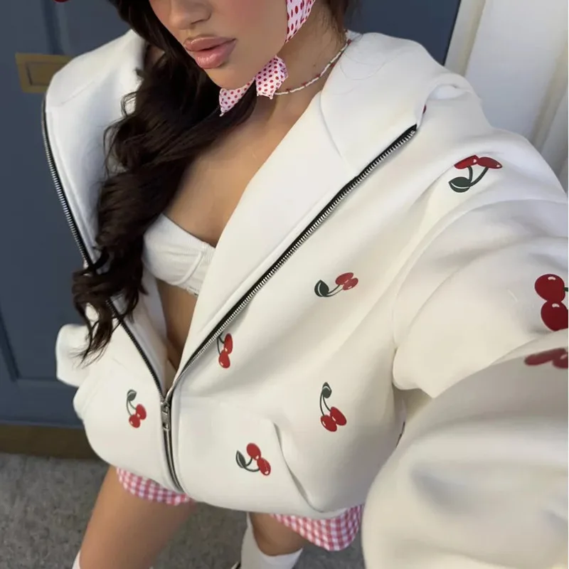 

Cherry Print Hoodie Jacket Women's Autumn Street Fashion Personality Trend Loose Multiple Styles Versatile Sports Zipper Hoodie