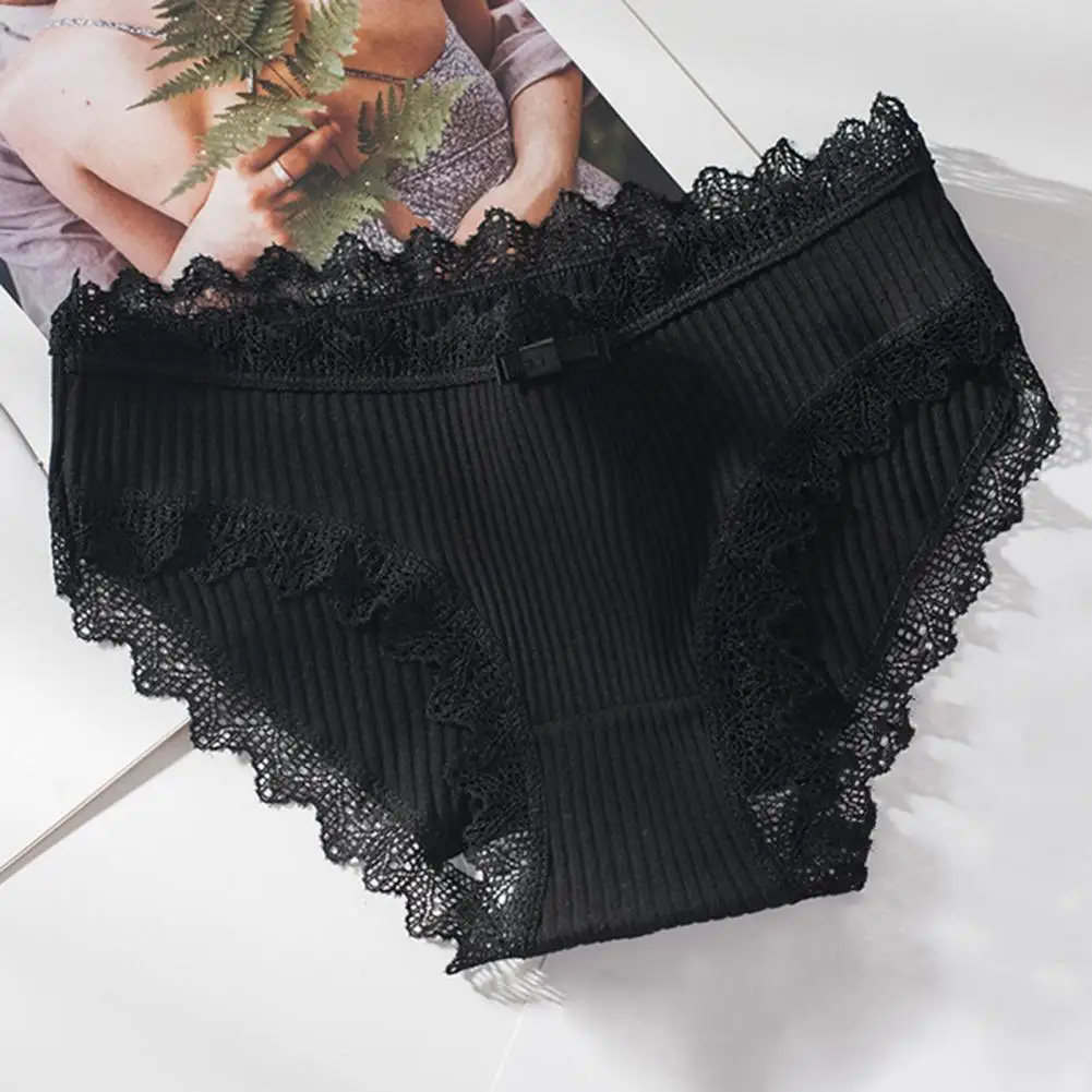 Calzoncillos suaves sin costuras con borde de encaje para mujer, ropa interior de algodón que absorbe la humedad, entrepierna, cintura media, elástica para el día a día, activa