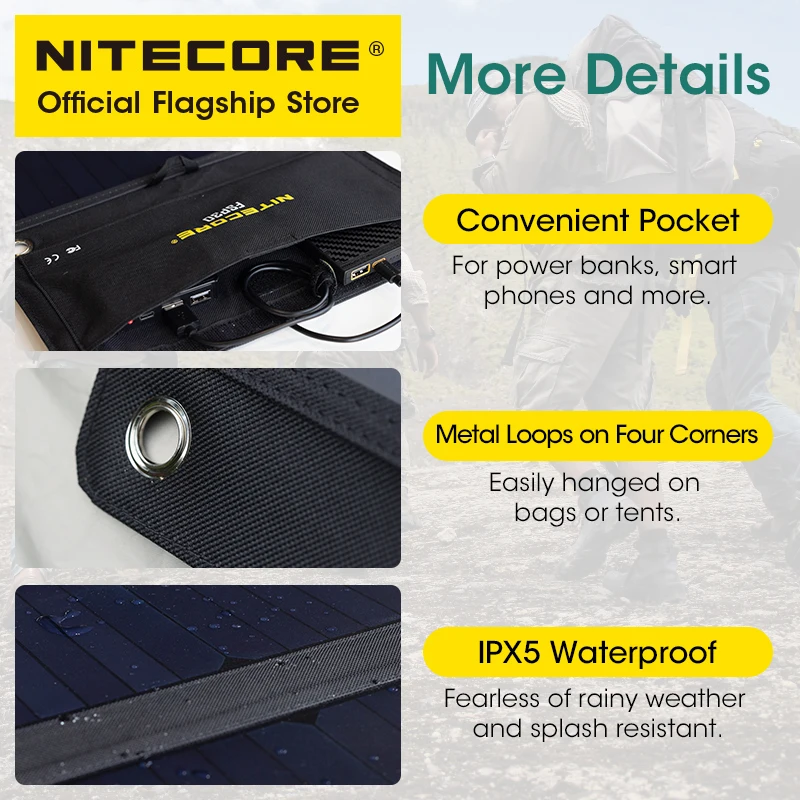 NITECORE FSP30 30 واط لوحة طاقة شمسية محمولة مقاوم للماء خلية شمسية صغيرة USB-C PD 18 واط شاحن سريع للهاتف التخييم التنزه ركوب الخيل