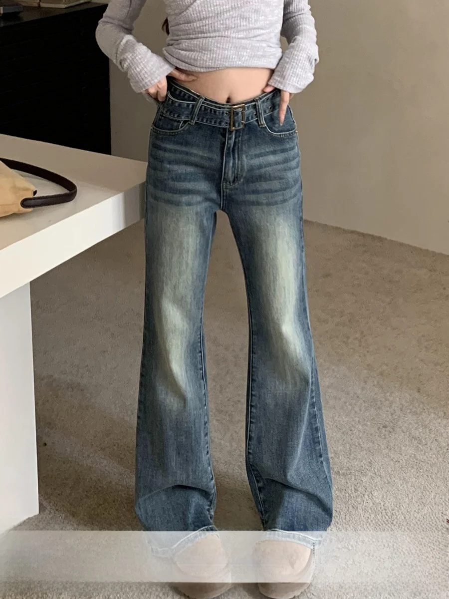 

High Waist Bell Bottom Jeans Women's Spring Vintage Slimming Design Sensation Elastic Micro Flared Denim Pants with Belt