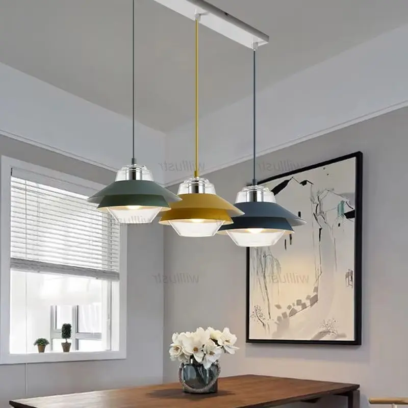 Macaron Color Metal Pendant Lamp Clear Glass Iron Hanging Suspension Light for Hotel Cafe Bar Dining Table Ceiling Chandelier