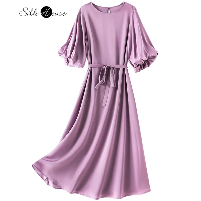 2023 Women\'s Fashion Summer New Mid Length Round Neck Bud Sleeve Mulberry Silk Loose A-line Party Dress