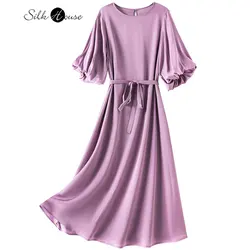 2023 Women's Fashion Summer New Mid Length Round Neck Bud Sleeve Mulberry Silk Loose A-line Party Dress