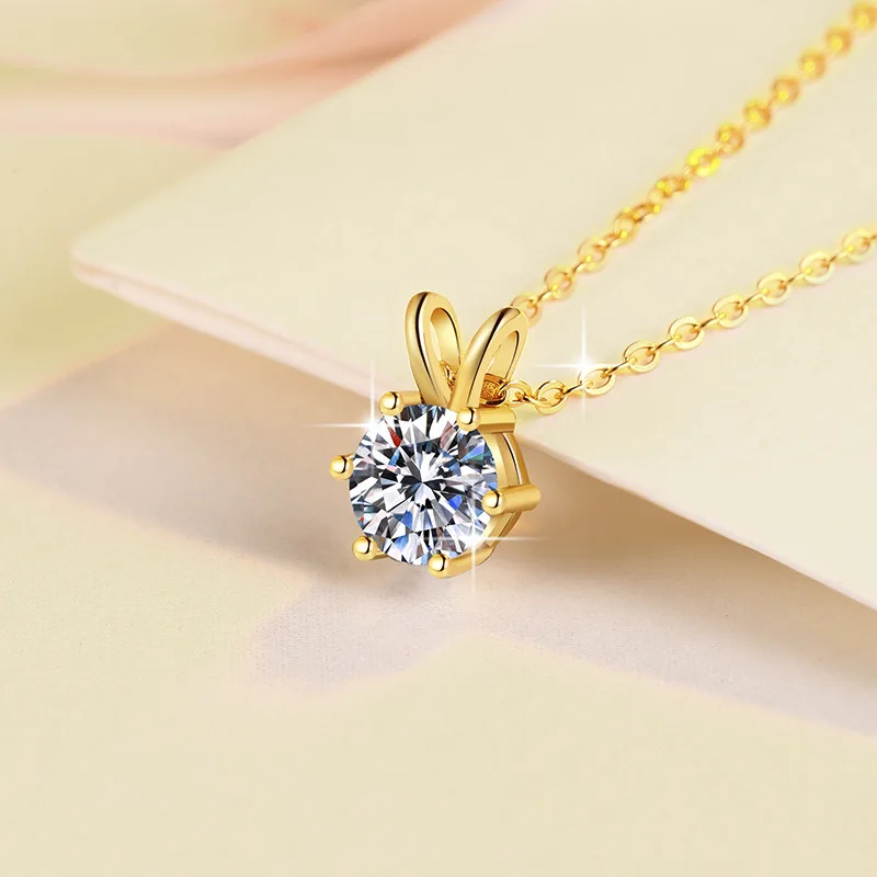 Luxury 100% Real 18k Gold Women's Six Claw Rabbit Ears 1 karat Moissanite Diamond Pendant Necklace