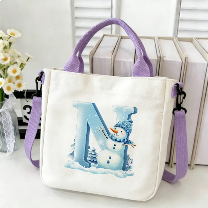 Xmas Snowman 26 Letter A-Z Canvas Shoulder Bag Women Fashion Merry Christmas Party Shopping Handbag Crossbody Tote Bag